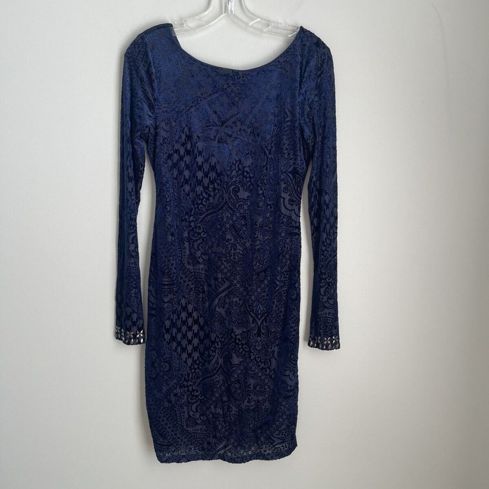 Venus Blue Burnout Velvet Embellished Long Sleeve Dress